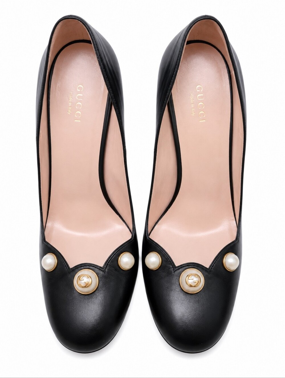 GUCCI Black Leather Pearl Embellished Scallop Pumps Heels Gold GG Logo EU 40 - Picture 5 of 14
